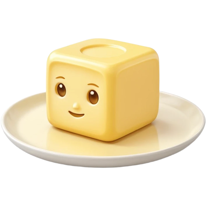 A 3D cartoon yellow butter block on a white ceramic dish, soft lighting, Memoji-style realism. emoji