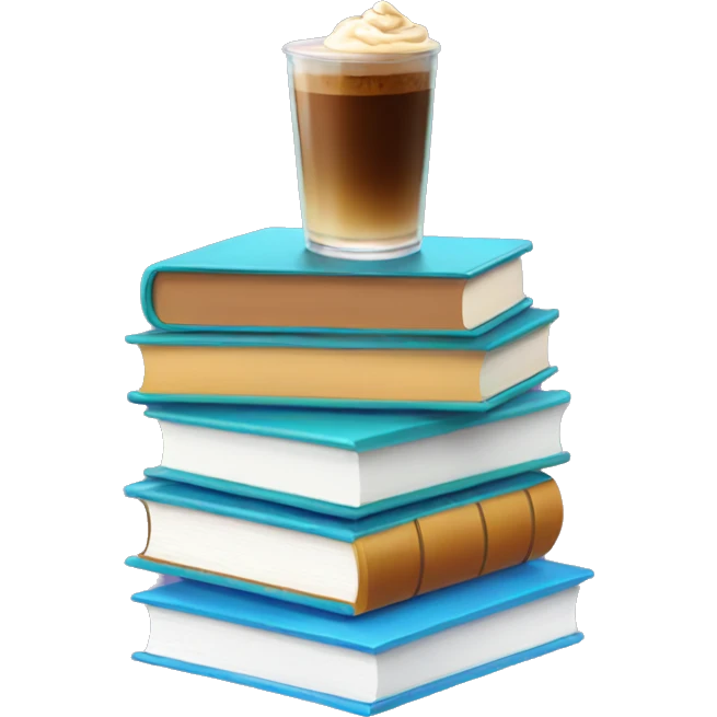 Stack of books with iced coffee emoji