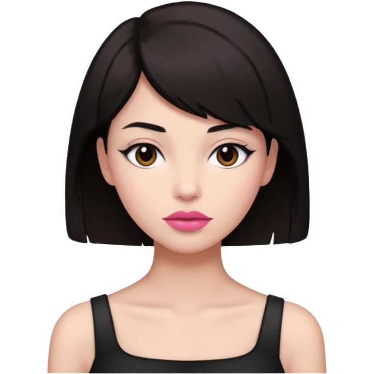 my hair is dark brown almost black, reaching my shoulder. the haircut is wolfcut, pretty lasher hut not thick. slightly pink lips. emoji