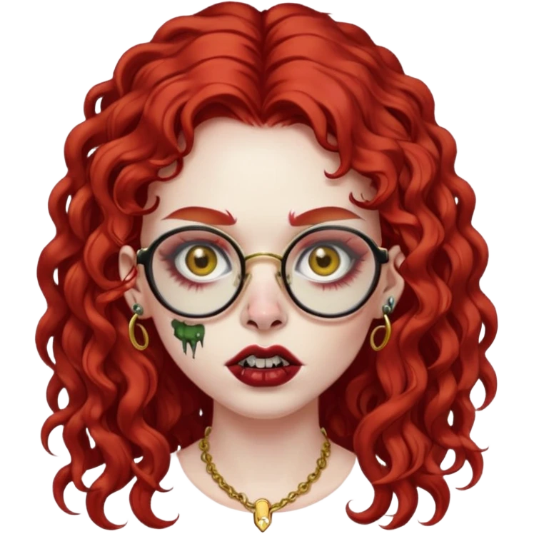 zombie girl with long red curly hair, thick lashes, black glasses, gold nose piercings on each nostril, and a gold eyebrow piercing. emoji