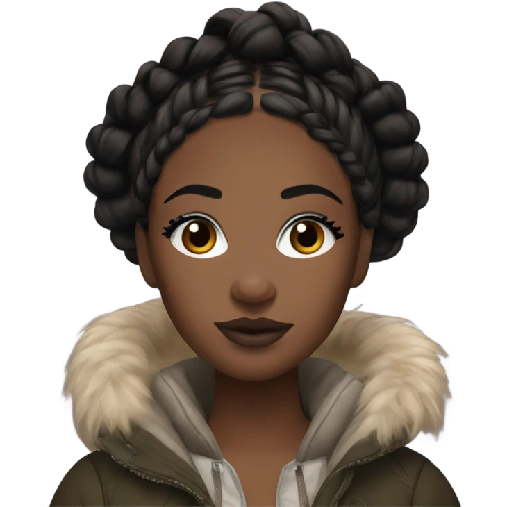 Black girl with boho braids, heavy makeup, FOV and realistic settings, lashes, makeup, with a crop top and a Canada goose jacket emoji