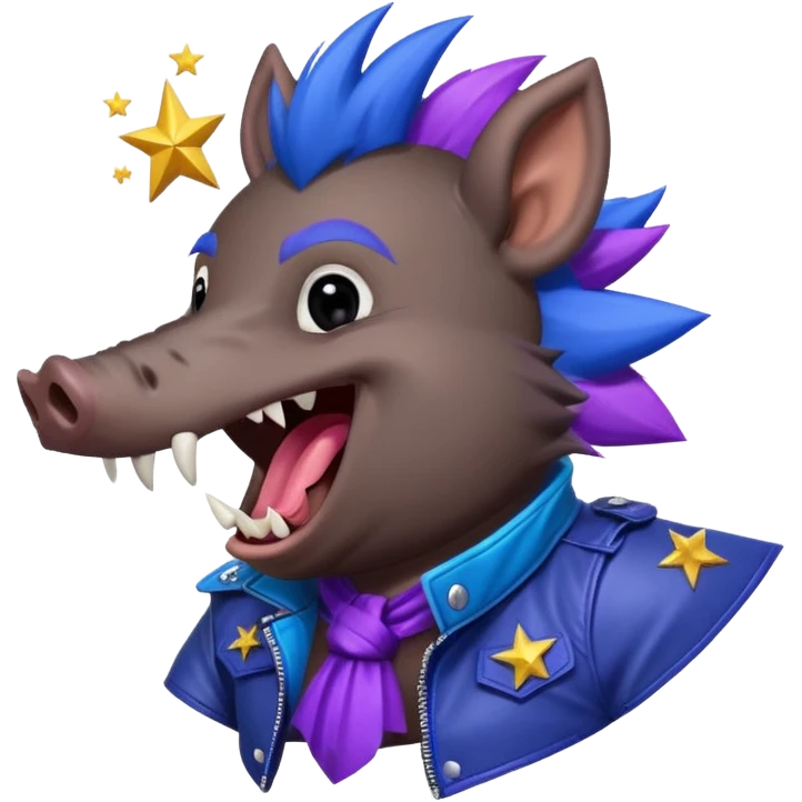 Sticker,A wild boar laughing loudly with a dark blue mohawk with purple and blue hues, wearing a black leather jacket, a wild boar with fangs, but not dangerous,  decorated with stars, ((cheerful, laugh)), surrounded by white outline, on transparent background emoji