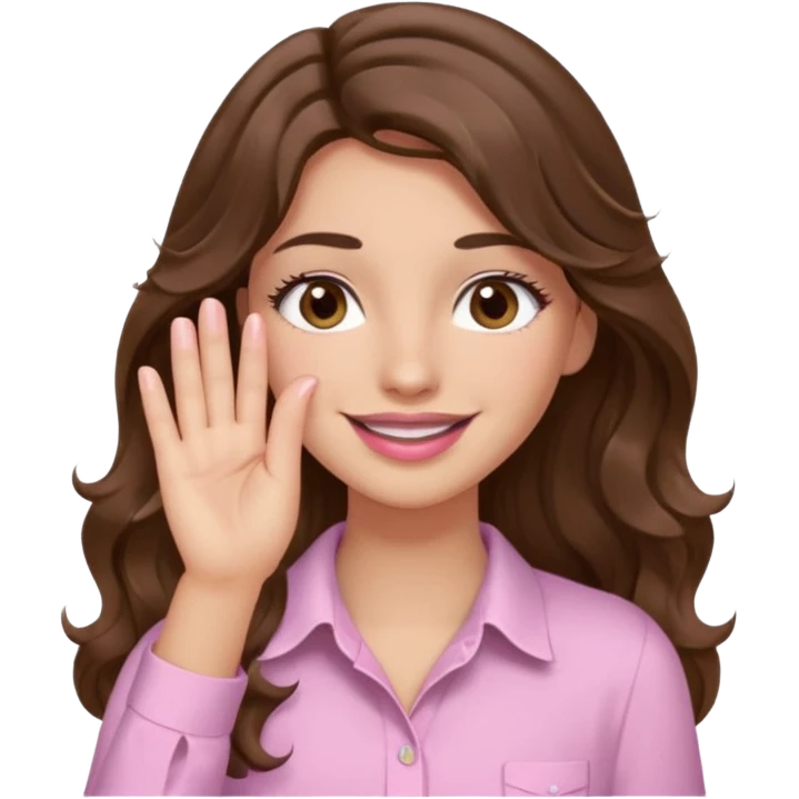 girl with wavy long brown hair, brown eyes, light to medium complexion, long lashes, light pink lipstick, wearing light pink shirt, smiling, hand covering eyes emoji