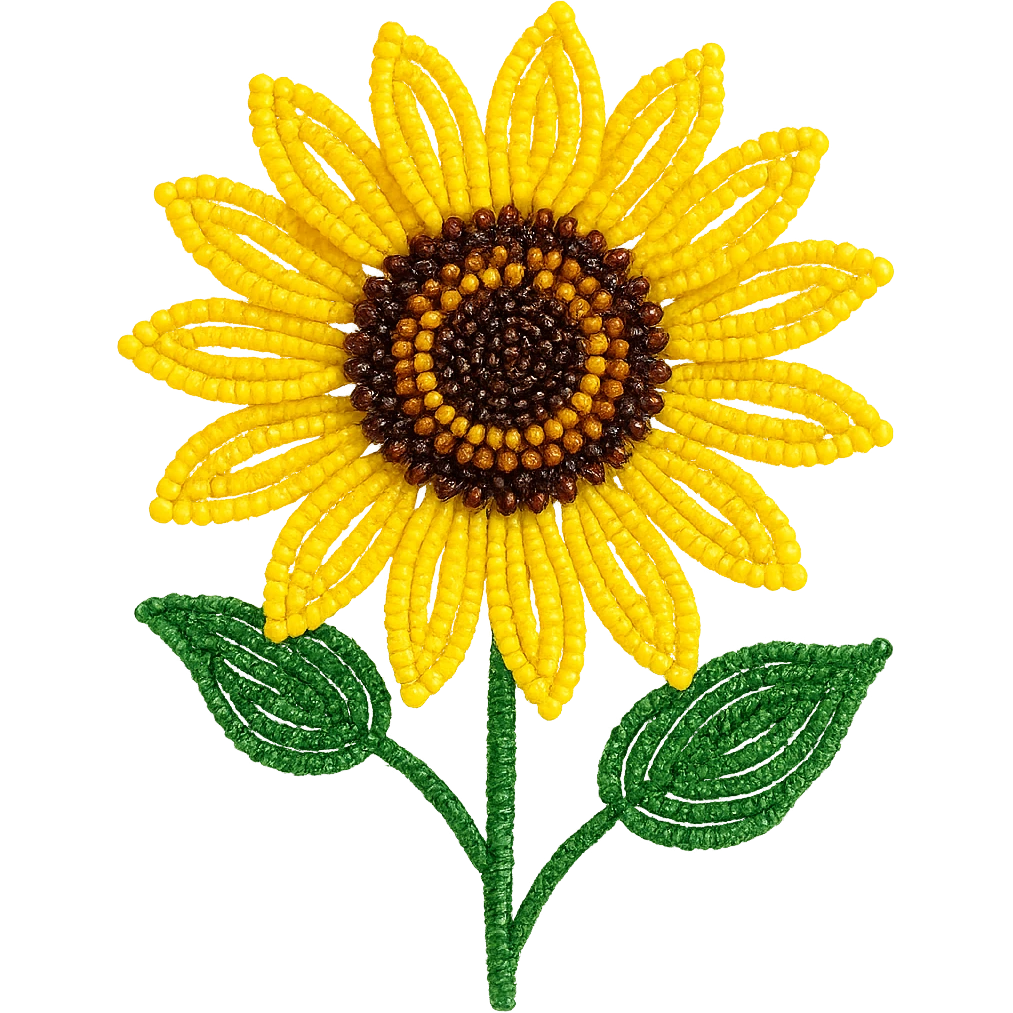 french beaded sunflower, stylized, vibrant yellow beads, green beaded leaves, delicate craftsmanship, isolated, no background emoji