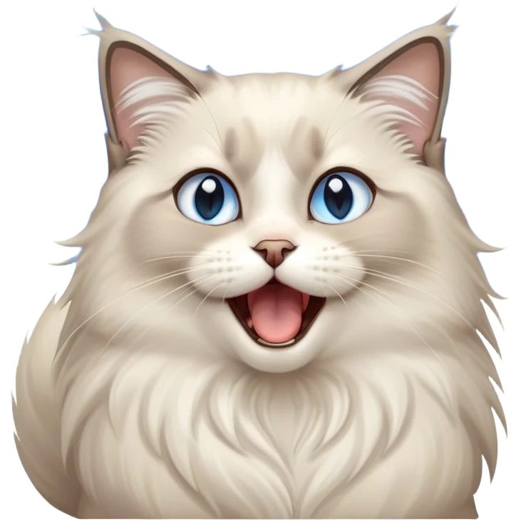 Cinematic Adorable Fluffy Light Grey Mantle Ragdoll Cat Portrait Emoji, Head tilted cutely with big, sparkling blue eyes, soft light grey fur with darker points on the ears, face, and paws, Simplified yet irresistibly adorable features, highly detailed, glowing with a soft, warm glow, high shine, yawning in a peaceful and playful manner, stylized with a touch of whimsy, bright and endearing, soft glowing outline, capturing the essence of a relaxed and loving kitten, so cute it feels like it could leap out of the screen and stretch into a cozy nap! emoji
