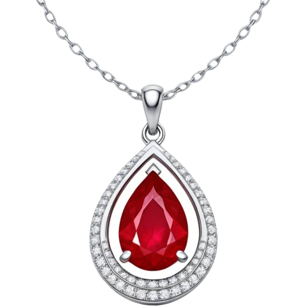 teardrop ruby pendant pulsing fiery red, cradled in a floating silver chain, haloed by glistening white stones like stardust emoji