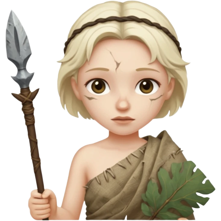 ancient girl, tattered leaf cloth, hold broken stone spear emoji