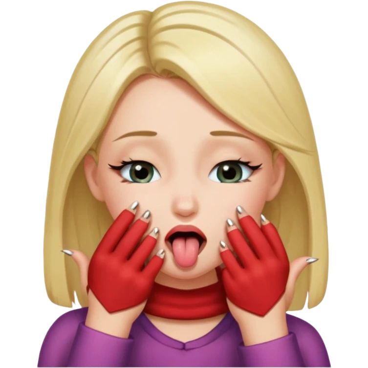 hyped up girl biting down on her tongue eyes closed hands closed with nails thumb sticking out, blushing and has eyelashes emoji