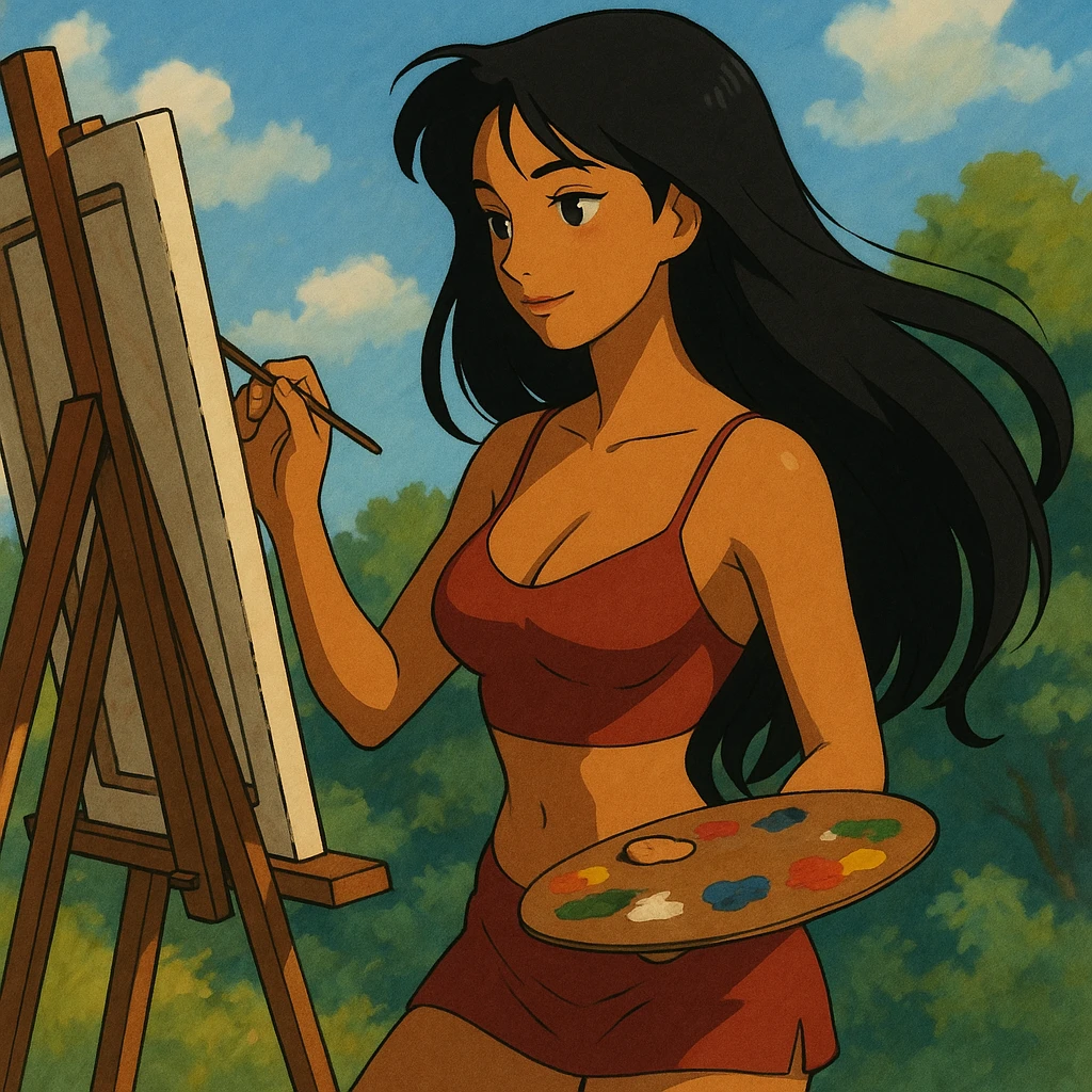 sexy tanned woman artist with long black hair, painting at an easel, holding a paint palette and brush, in ghibli style emoji