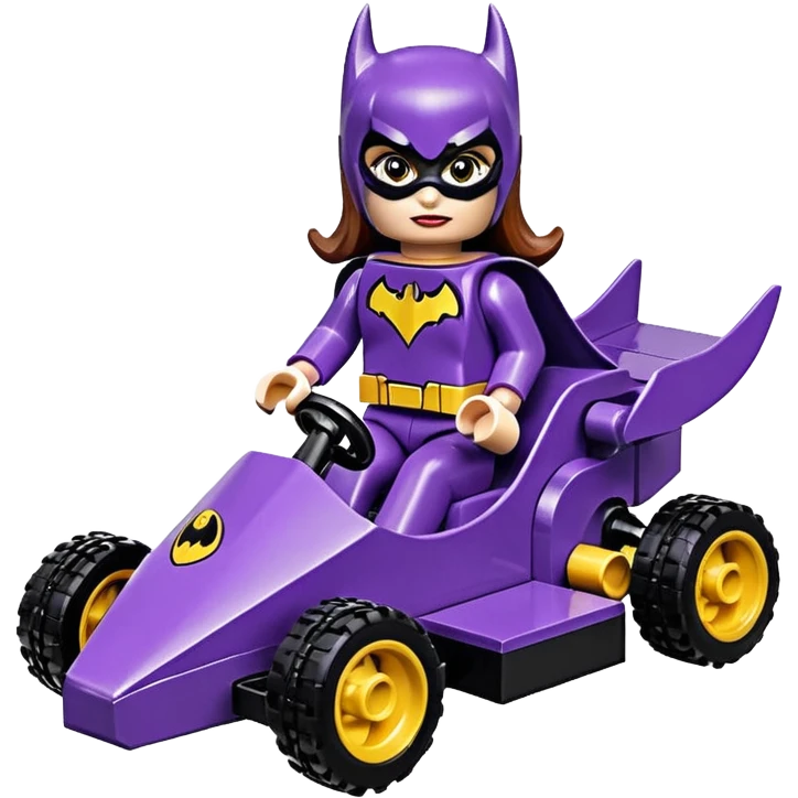 Hot full size real-appearance retro electric racing action BatGirl’s Lego feminine midnight-purple tight outfit sixty’s tv show 1992 stealthy retro sporty safe plush petite off-road pursuit cruiser car rose gold accents (black hair,reclined and relaxed torso seating position) go kart  emoji
