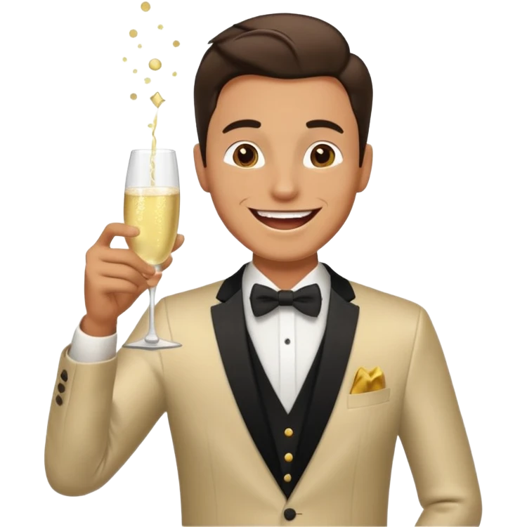 A happy man in party clothes laughs while drinking champagne straight from the glass. emoji