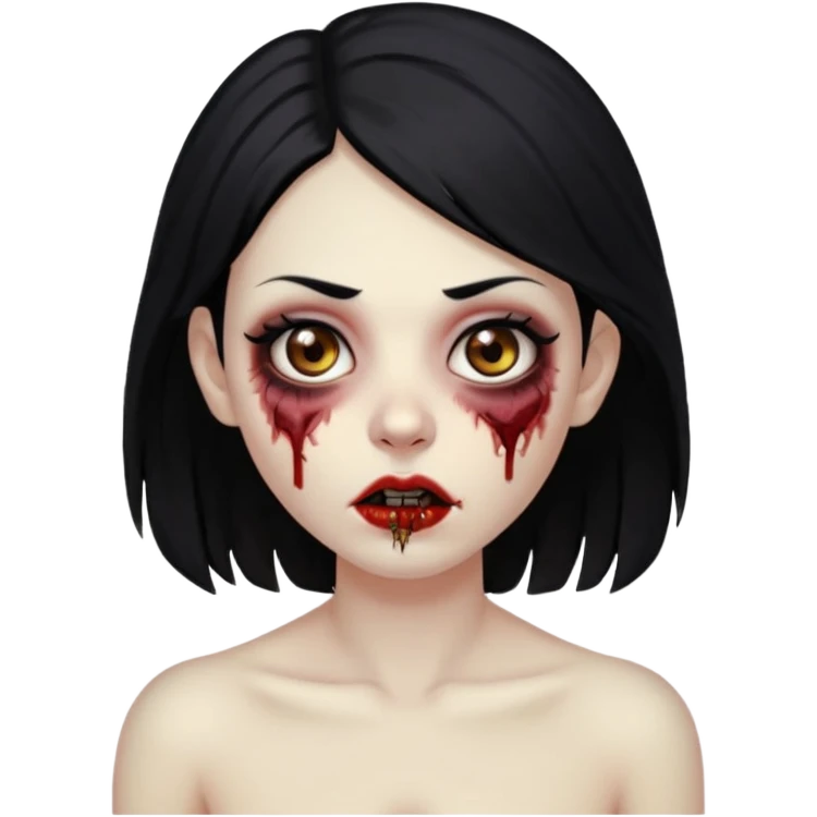 Make an emoji of a zombie woman with black hair, almond-shaped brown eyes and a labret piercing on her left lip. emoji