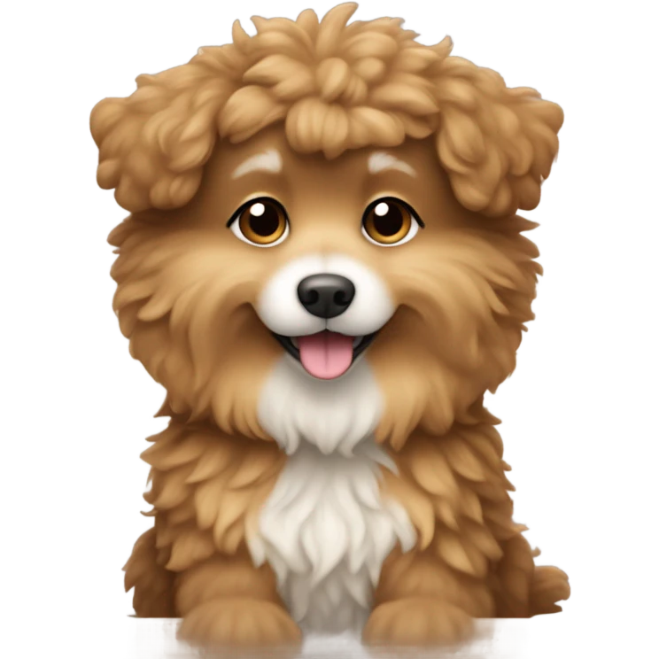 Small fluffy curly dog in light brown color with white color on the chest sitting with squirrel emoji