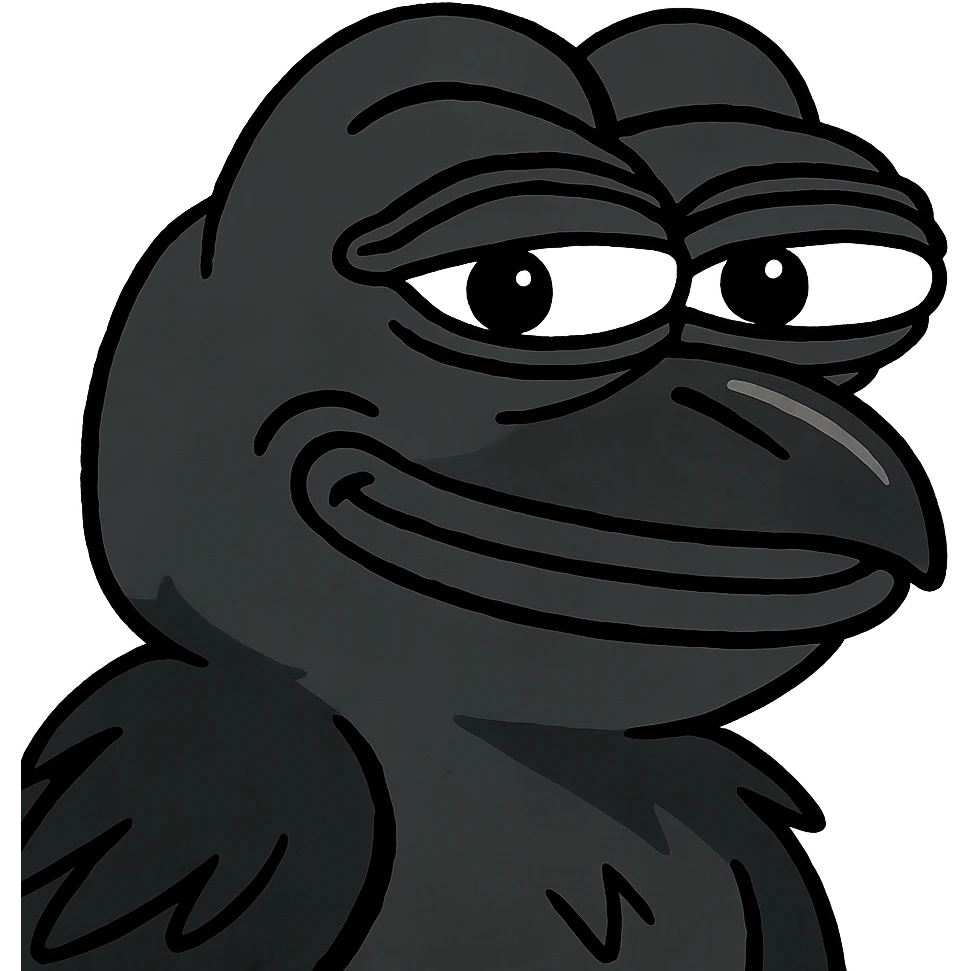 a mischievous crow in Pepe the Frog style, playful expression, meme aesthetic emoji