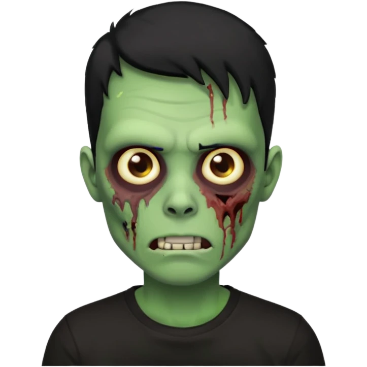 Zombie Emoji AppleIOS Style, lowfade Black Hair, and Black T-shirt, Green Skin, normal expression emoji
