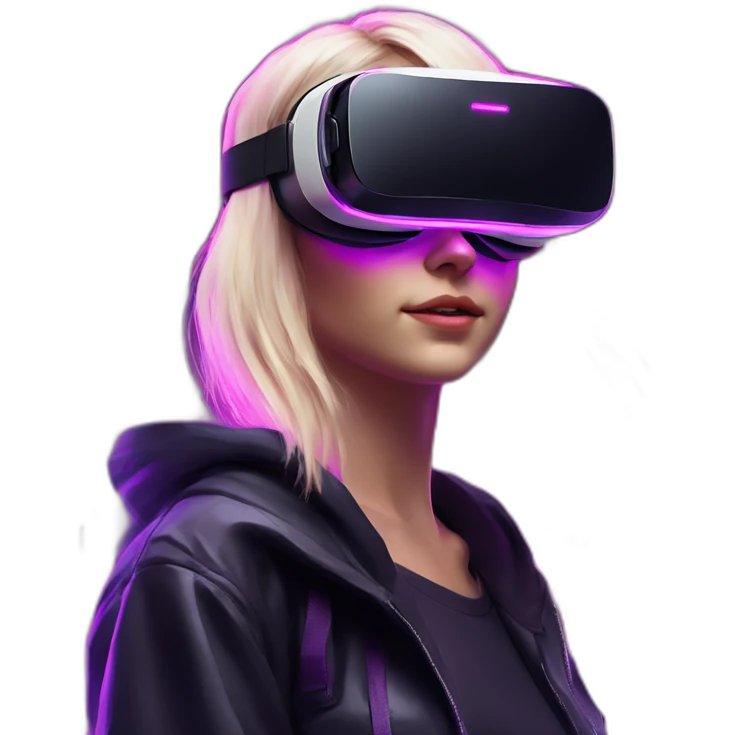 Russian blondy girl celebrating her birthday wearing a black hoodie and VR headset in a cyberpunk VR environment with violet neon lighting emoji