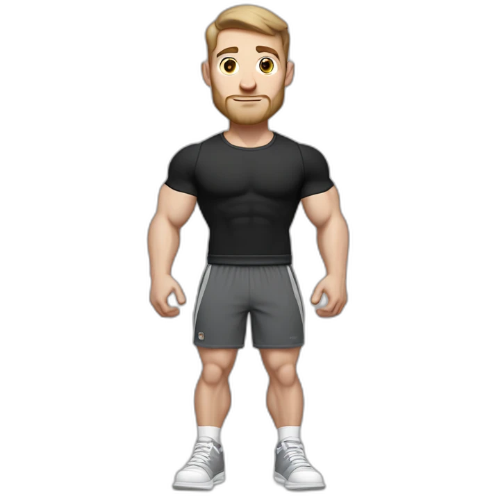 Pale skinned Fit Man With the biceps and dark brown hair in black shirt, gray sports shorts and white Sneakers emoji