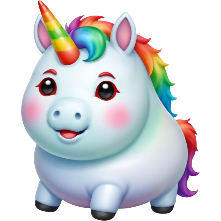 Small chubby unicorn coloured jade, black and red eyes, farting rainbow emoji