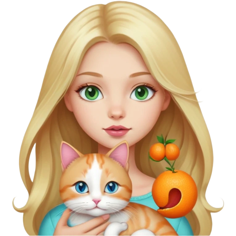 Blonde long hair girl with blue green eyes have big lips pink lipgloss holding her cat her cat is soft orange&brown and white she holding cat  emoji