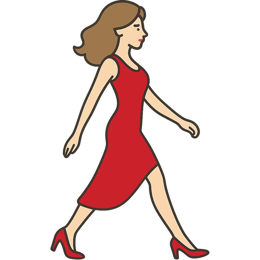 Depict the girl from the first reference image with the same appearance, hairstyle, red dress, and shoes in the pose shown in the second sketch image, including the position of arms and legs. Maintain the same style and color as the original. Transparent background. emoji