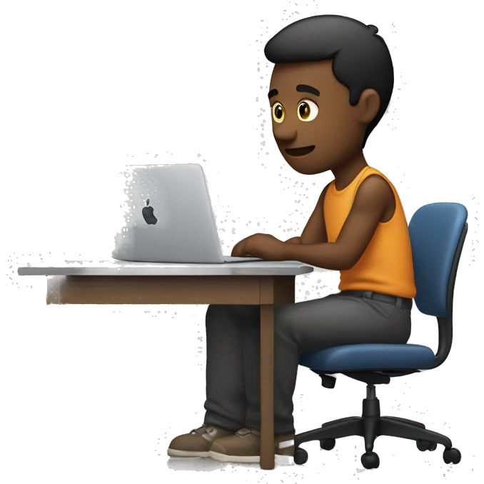 A 28 year old male sitting in front of desk and there is an MacBook air following straight. emoji