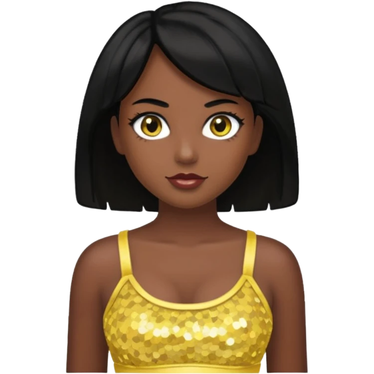 Christie from Barbie & Friends with brown eyes, black hair, yellow sequin crop top, dark skin emoji
