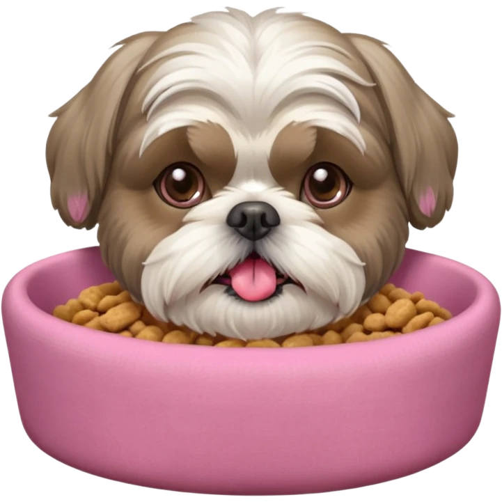 old ALL grey shih tzu in pink dog bed tongue hanging out with a bowl of food emoji