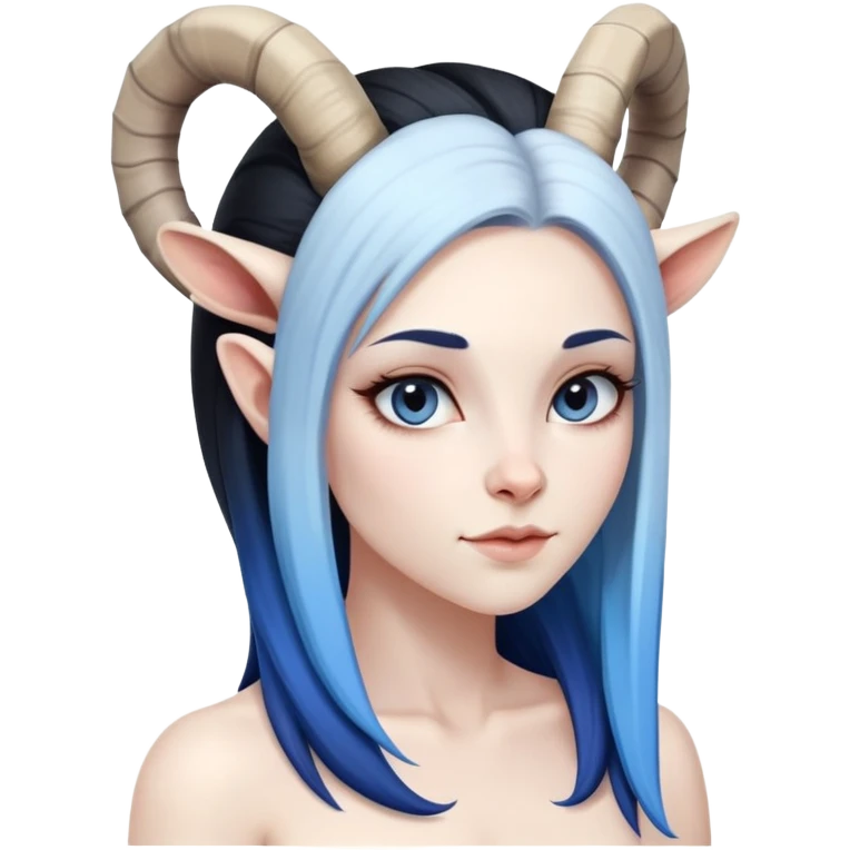 Art of a human white woman's very perfect body scheme anatomy-very long straight black to blue hair ombre-small goat horns-lean back emoji