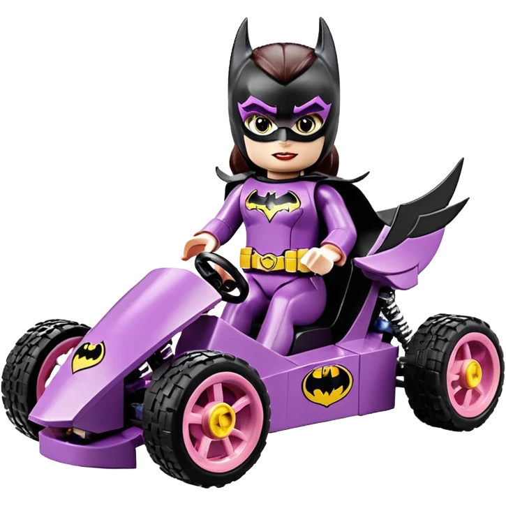 Hot full size real size-appearance electric road racing sexy BatGirl’s feminine midnight-colored tight outfit sixty’s tv show Lego dark stealthy sporty safe plush petite off-road pursuit cruiser car rose gold accents (black hair,reclined and relaxed torso and shoulders seating position) go kart  emoji
