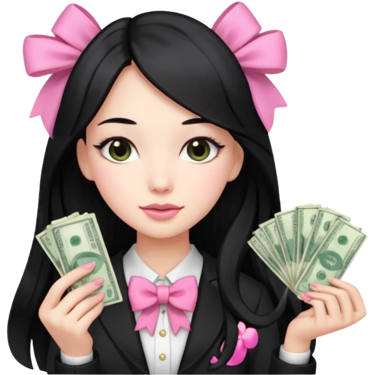 Menina de cabelo preto longo , laços rosas , dinheiro , luxo emoji