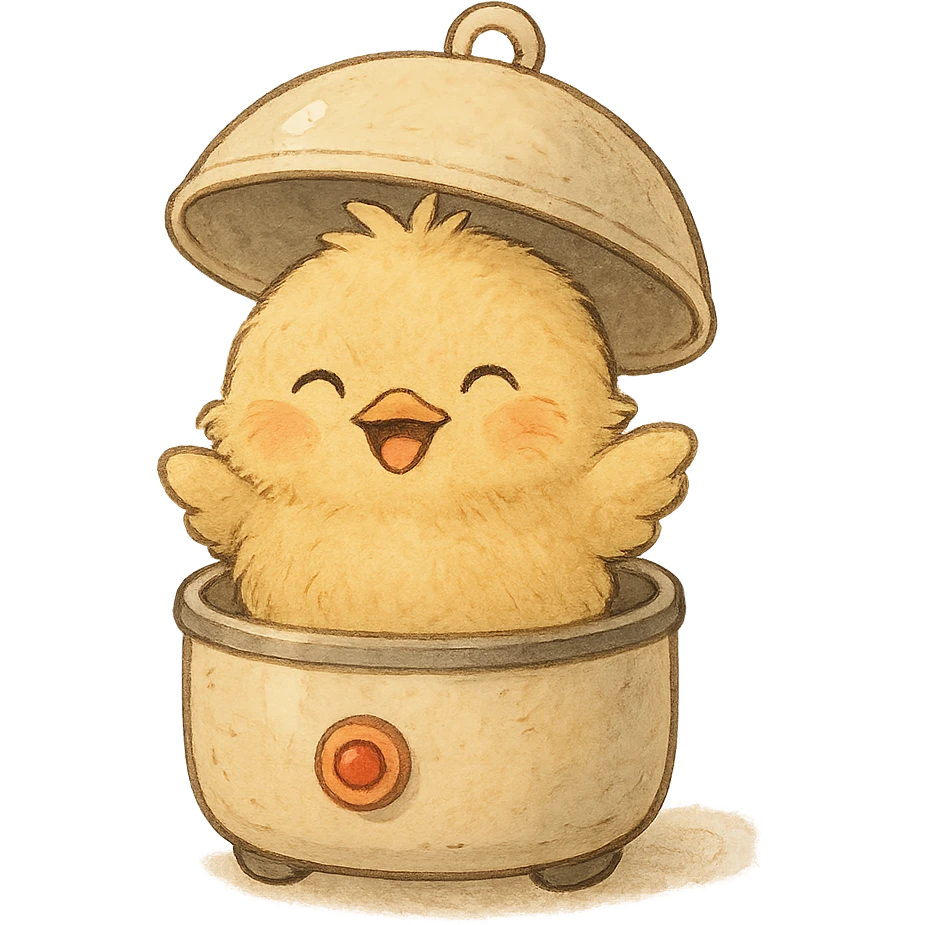 chibi soft fluffy chick popping out of the lid of an egg cooker smiling brightly soft yellow tones full-body emoji