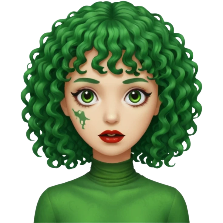 crie uma mulher, vibe total terror, mas ela com cabelo cacheado e franja, e pele verde emoji