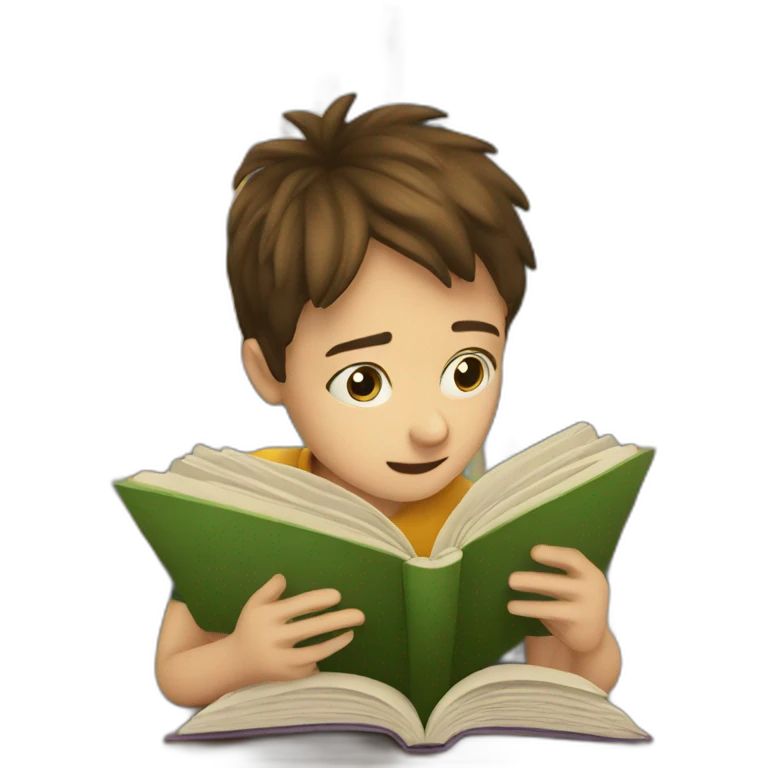 a boy trying to read a book but he is said emoji