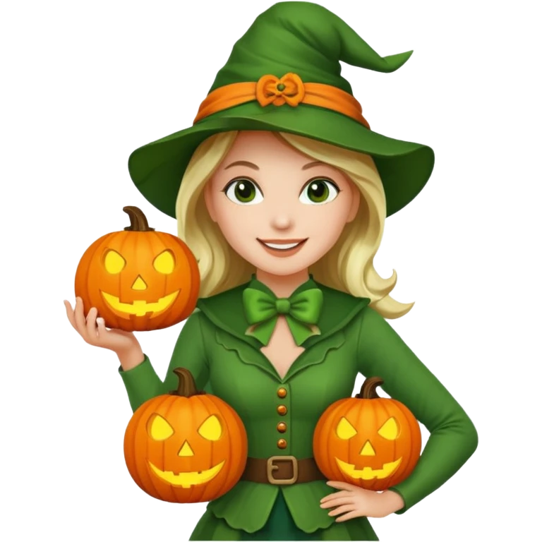 Woman Hunter With Jack o Lantern, wearing green costume, with bow emoji