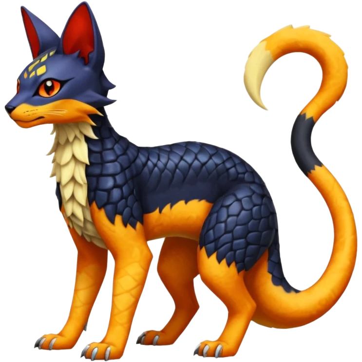 Colorful scaley sclaed orange red black yellow Bastet-Salandit-Umbreon-Gatomon-Vernid-Protogen-Digimon-Fakémon-Pokémon-creature  (full body) emoji