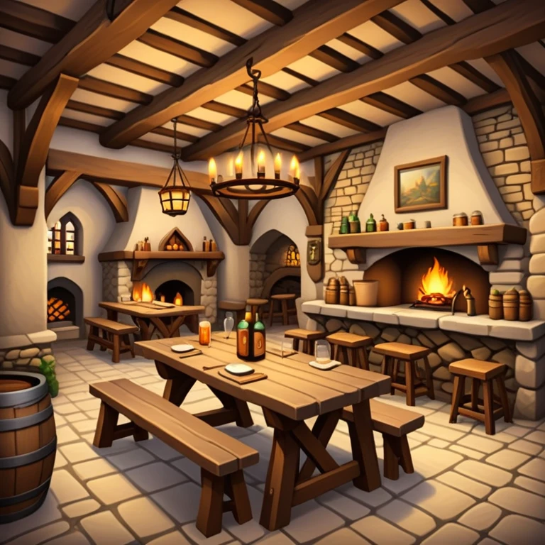 cozy medieval fantasy tavern with wooden beams, fireplace, and tables where adventurers gather emoji