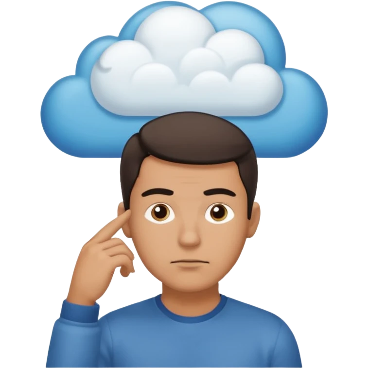 Casually dressed man with one hand on his chin, eyebrows slightly furrowed. A thinking cloud floats above his head containing a critical-thinking symbol (like a question mark, magnifying glass, or logic icon). Realistic emoji aesthetic, clean-shaven, soft neutral background emoji