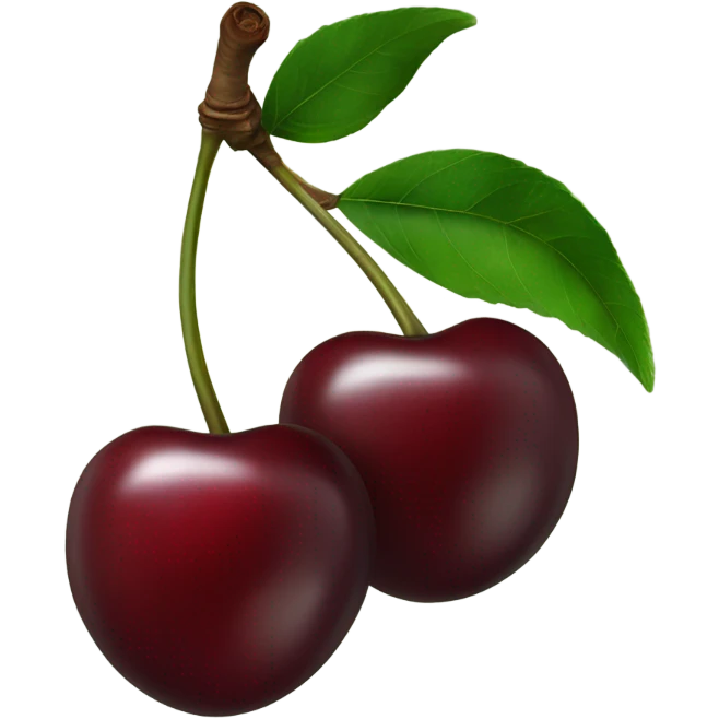 two burgundy cherries on dark green single stem emoji