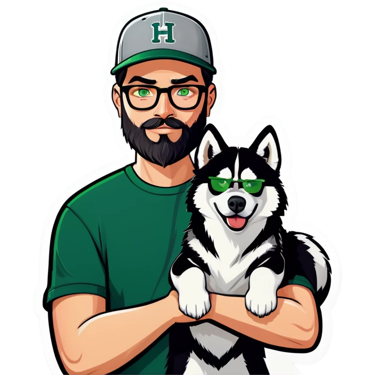 A bold man with a grey baseball cap, green eyes, big beard and glasses holding a husky dog emoji