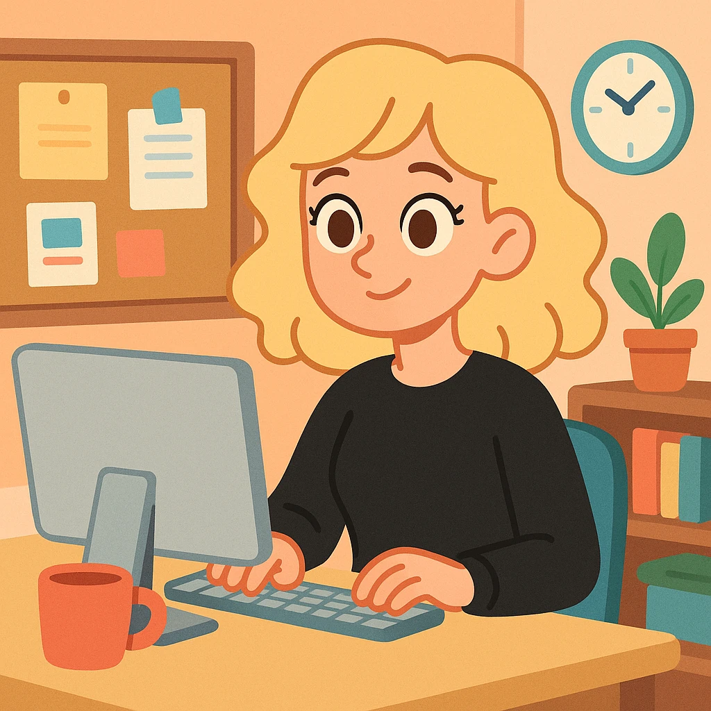 pretty brown-eyed blonde young woman with wavy hair, wearing a black sweater, working on a computer in a cozy office emoji
