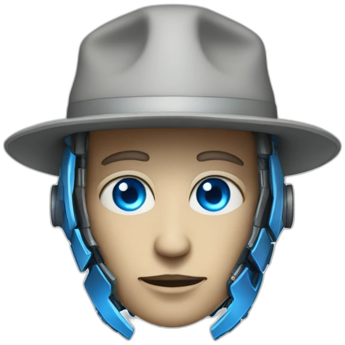 a humanoid cyborg with blue eyes that has oppenheimer's hat emoji