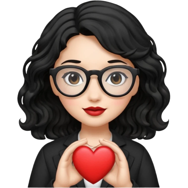 niña con pelo ondulado color negro con lentes negros y tenga un corazon en la mano emoji