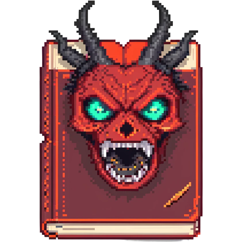 Make the red cursed book with glowing eyes look even more evil by adding sharp fangs, cracks, and a sinister aura. Pixel art style with no background. emoji