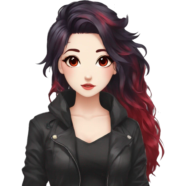 Gorgeous anime style lady with blushing face aesthetic and pretty edgy black red punk hair with hair garment trending style emoji