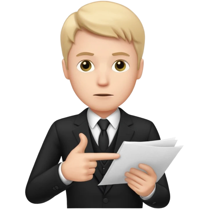 A white man in a black suit stands with a serious face and points at his hand holding papers. emoji