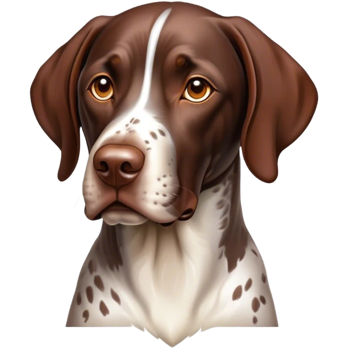 Cinematic German Pointer Portrait Emoji, Elegant and alert, sleek brown and white tones, Simplified yet sharp features, highly detailed, glowing with a warm, confident glow, high shine, intelligent and poised, stylized with an air of grace, focused and attentive, soft glowing outline, capturing the essence of agility and loyalty, so lifelike it feels as though it could spring into motion at any moment! emoji