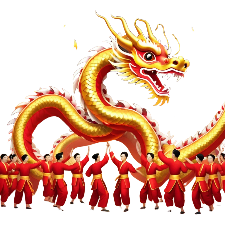 Cinematic Realistic scene of a Chinese Dragon Dance featuring performers energetically holding a vibrant dragon model aloft, with intricately detailed scales and dynamic flowing costumes, illuminated by festive red and gold lighting that captures the spirit of celebration. emoji