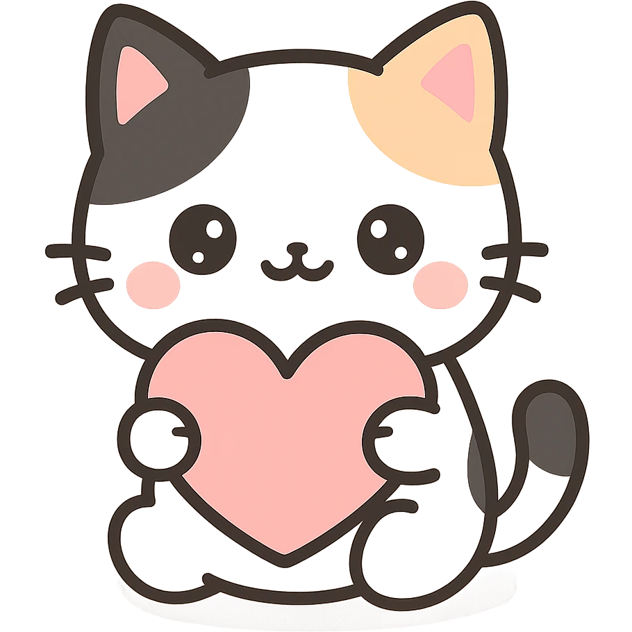 cute black and white anime cat holding a heart in paws emoji