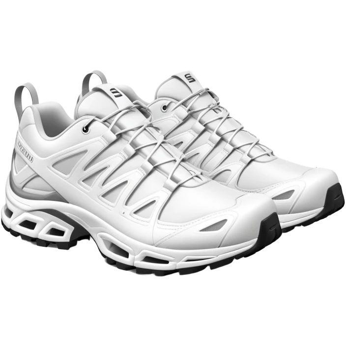 Totally white Salomon XT-6 sneakers with absolutely no color accents, clean white monochrome design, one shoe behind the other, simplified iOS emoji style emoji
