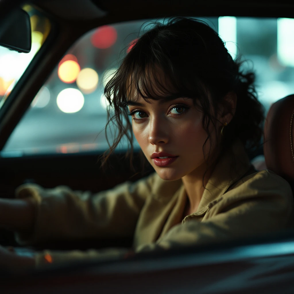 Cinematic still of a woman in porsche 911 emoji